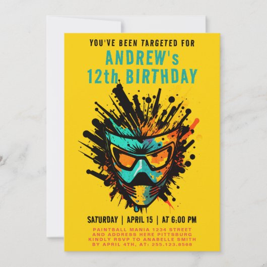 Invitation Cool Colorful Paintball Splatter Jaune (Devant)