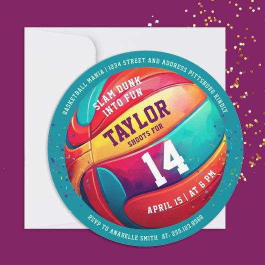 Invitation Cool Colorful Sport Slam Dunk Basketball Anniversa