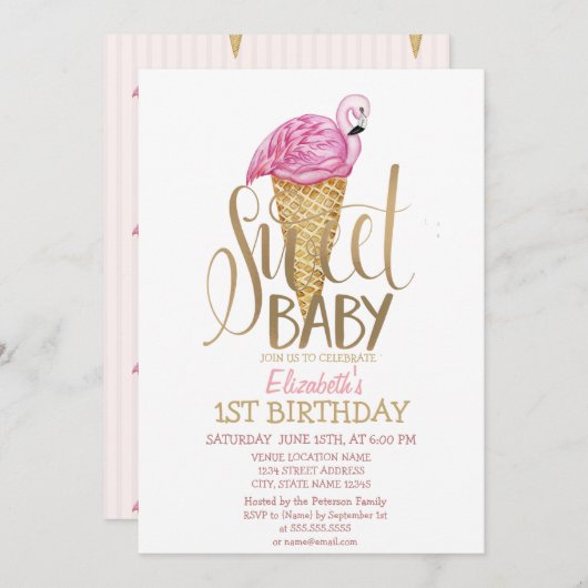 Invitation Cool Crème de glace Flamant rose rose rayé Anniver (Devant / Derrière)
