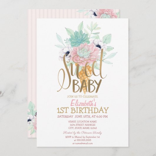 Invitation Cool Crème glacée Cactus rayé Anniversaire (Devant / Derrière)