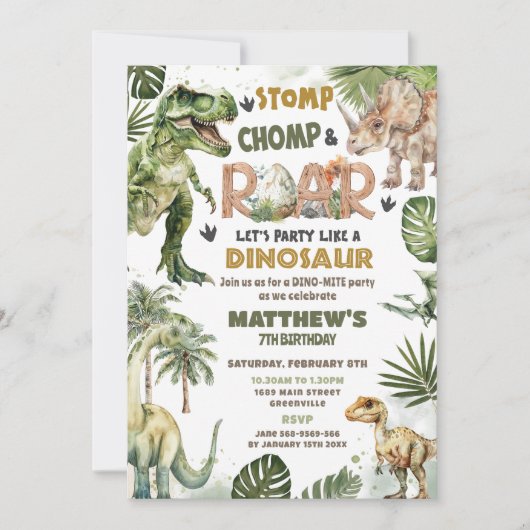 Invitation Cool Dinosaures Jurassique Verdure Roarsome Annive (Devant)