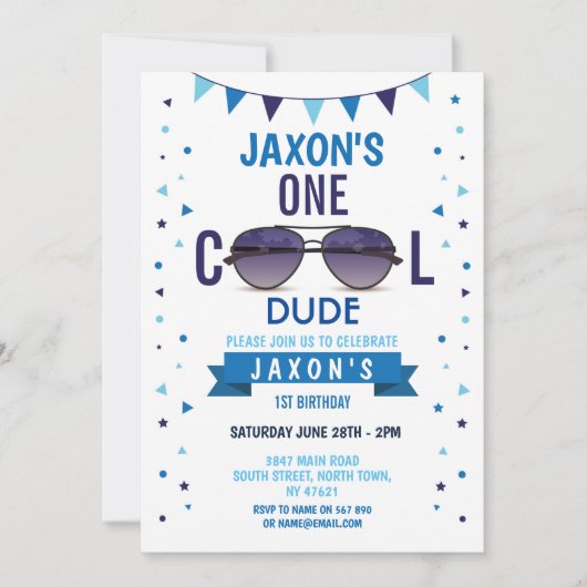 Invitation Cool Dude 1er Anniversaire Lunettes de soleil Summ (Devant)