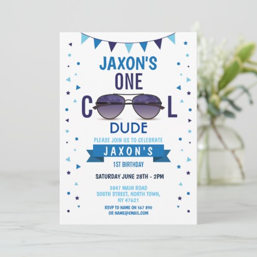 Invitation Cool Dude 1er Anniversaire Lunettes de soleil Summ (Debout devant)