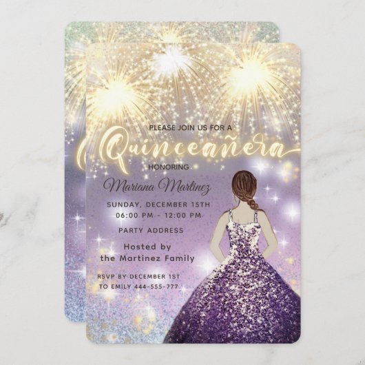 Invitation Cool feu d'artifice parties scintillant or brillan (Devant / Derrière)