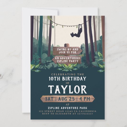 Invitation Cool Forêt Zipline Anniversaire Aventure en plein  (Devant)
