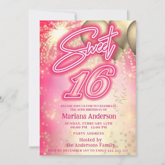 Invitation Cool fun hot rose ballon or scintillant feux d'art (Devant)