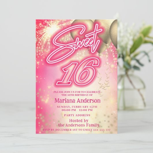 Invitation Cool fun hot rose ballon or scintillant feux d'art (Debout devant)