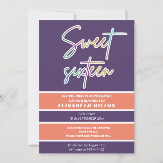 Invitation Cool fun néon typographie rayures doux 16 (Devant)