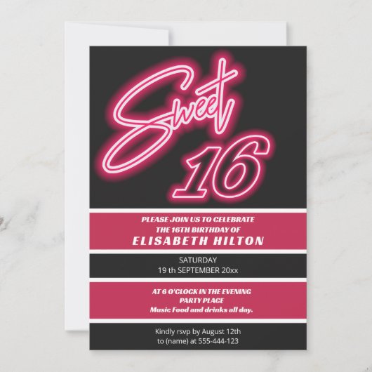 Invitation Cool fun néon typographie rayures doux 16 (Devant)
