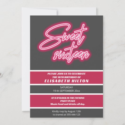 Invitation Cool fun néon typographie rayures doux 16 (Devant)