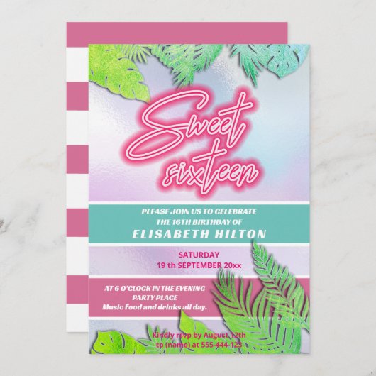 Invitation Cool fun néon typographie rayures doux 16 invitati (Devant / Derrière)