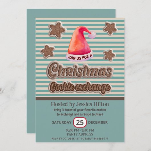 Invitation Cool fun retro santa hat échange de biscuit (Devant / Derrière)