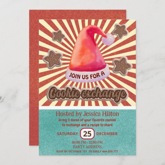 Invitation Cool fun retro santa hat échange de biscuit (Devant / Derrière)
