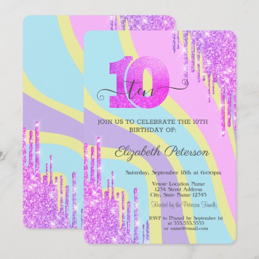 Invitation Cool Glitter Drips Groovy 10e Anniversaire (Devant / Derrière)
