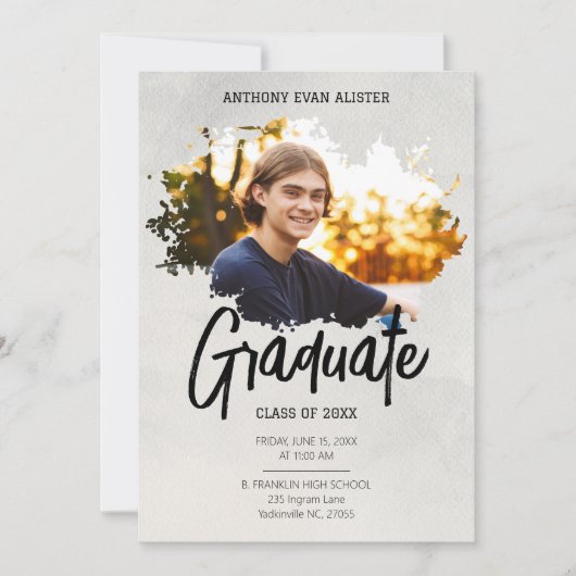 Invitation Cool Grey Modern Grunge Brushstroke Graduation (Devant)