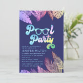 Invitation Cool holographique tropical feuille script pool (Debout devant)