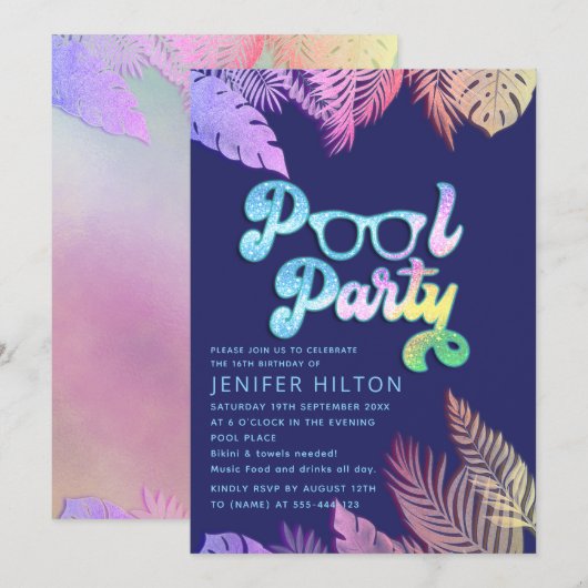 Invitation Cool holographique tropical feuille script pool (Devant / Derrière)