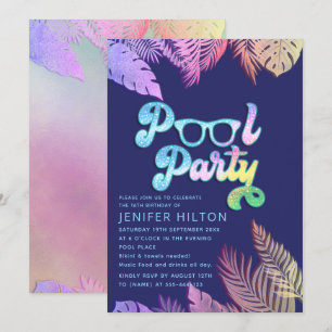 Invitation Cool holographique tropical feuille script pool