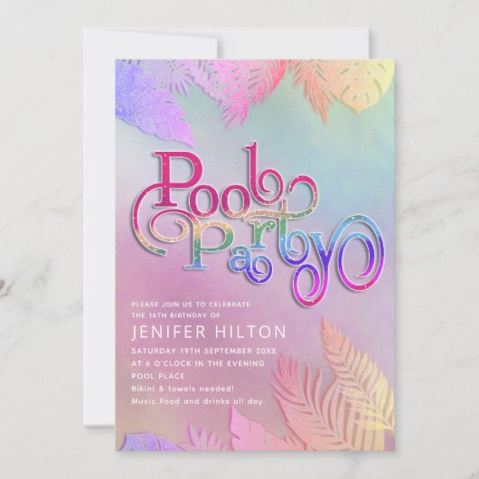 Invitation Cool holographique tropical feuille script pool (Devant)