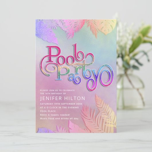 Invitation Cool holographique tropical feuille script pool (Debout devant)