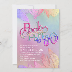 Invitation Cool holographique tropical feuille script pool