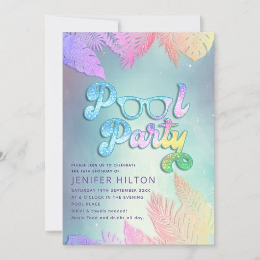 Invitation Cool holographique tropical feuille script pool (Devant)