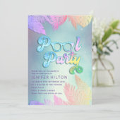 Invitation Cool holographique tropical feuille script pool (Debout devant)