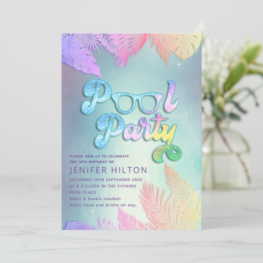 Invitation Cool holographique tropical feuille script pool (Debout devant)