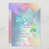 Invitation Cool holographique tropical feuille script pool (Devant / Derrière)