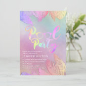 Invitation Cool holographique tropical feuille script pool (Debout devant)
