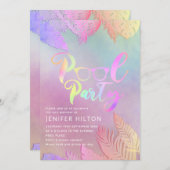 Invitation Cool holographique tropical feuille script pool (Devant / Derrière)