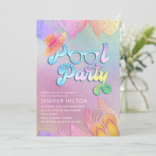 Invitation Cool holographique tropical feuille script pool (Debout devant)