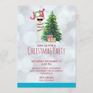 Invitation Cool Llama   Arbre de Noël avec fête des présentat