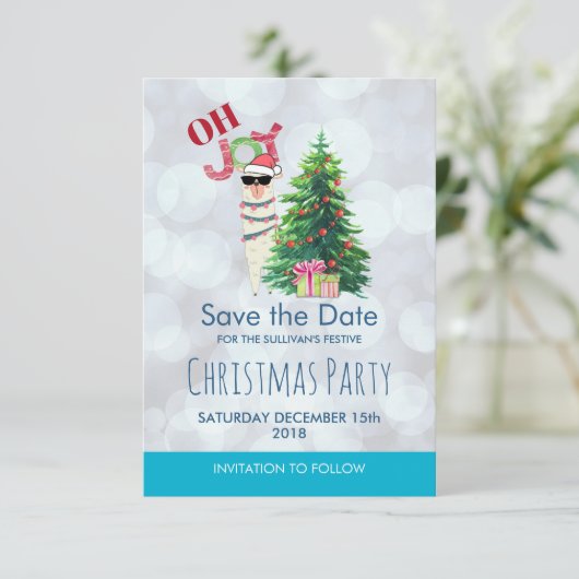Invitation Cool Llama sur Silver Bokeh & Icy Blu Enregistrer (Debout devant)