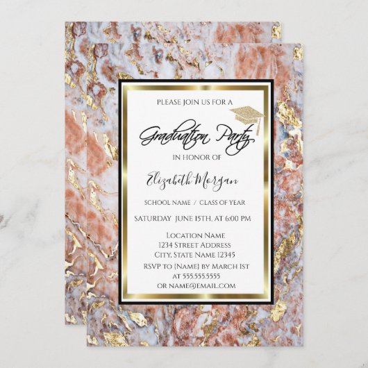 Invitation Cool Marble Gold Parties scintillant Graduation Ca (Devant / Derrière)