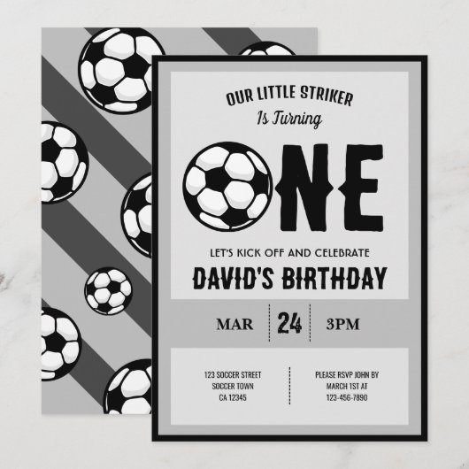 Invitation Cool Modern Little Striker Football 1er anniversai (Devant / Derrière)