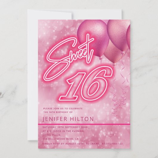 Invitation Cool moderne ballon rose néon doux 16 (Devant)