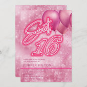 Invitation Cool moderne ballon rose néon doux 16 (Devant / Derrière)