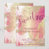 Invitation Cool moderne blush rose or aquarelle glitore (Devant / Derrière)