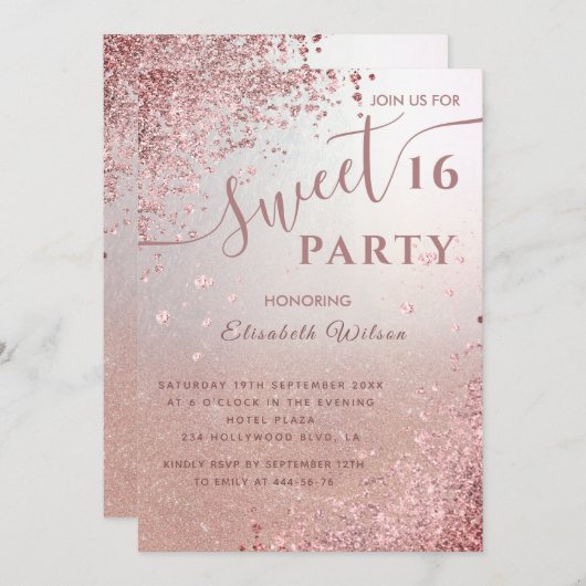 Invitation Cool moderne diamant luxe rose or doux 16 (Devant / Derrière)