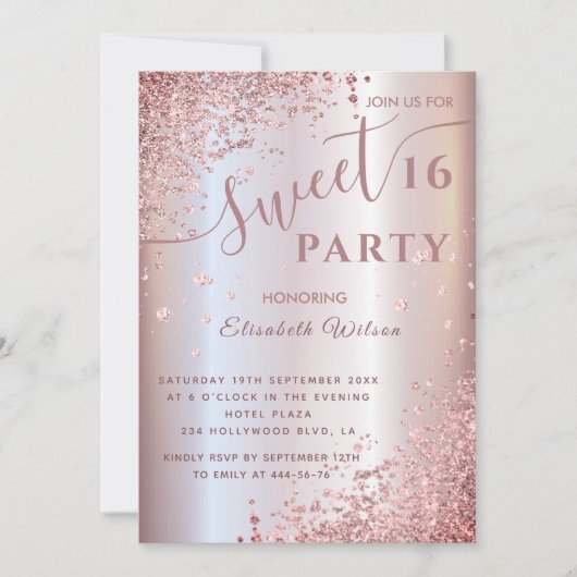 Invitation Cool moderne diamant luxe rose or doux 16 invi (Devant)