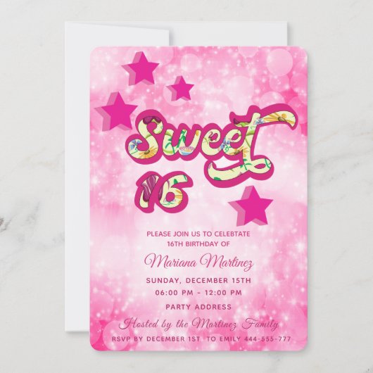 Invitation Cool moderne super star typographie rose (Devant)