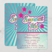 Invitation Cool moderne super star typographie rose bleu (Devant / Derrière)