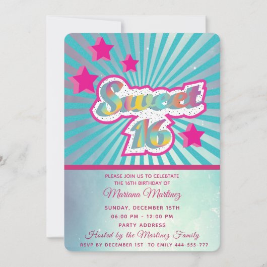 Invitation Cool moderne super star typographie rose bleu (Devant)