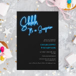 Invitation Cool neon bleu rétro surprise photo Sweet 16<br><div class="desc">Chut,  c'est une surprise ! Cool neon bleu script rétro noir photo Sweet 16 neon invitation anniversaire.</div>