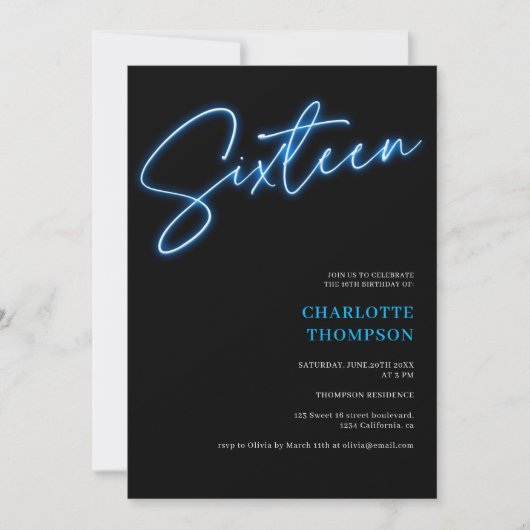 Invitation Cool neon bleu script rétro noir photo Sweet 16 (Devant)