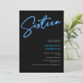 Invitation Cool neon bleu script rétro noir photo Sweet 16 (Debout devant)