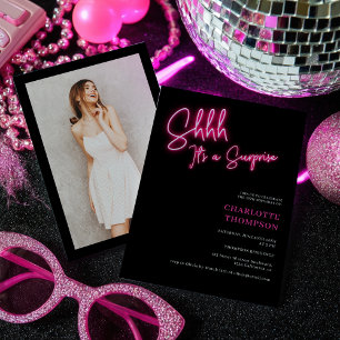 Invitation Cool neon rose rétro noir photo surprise Sweet 16