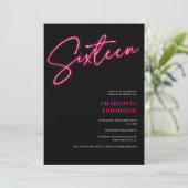 Invitation Cool neon rose script rétro noir photo Sweet 16 (Debout devant)
