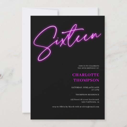 Invitation Cool neon violet script rétro noir photo Sweet 16 (Devant)